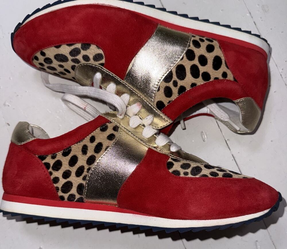 Boden Red Suede Metallic Leather Animal Print Tennis Shoe Sneaker US 5.5 EU 36